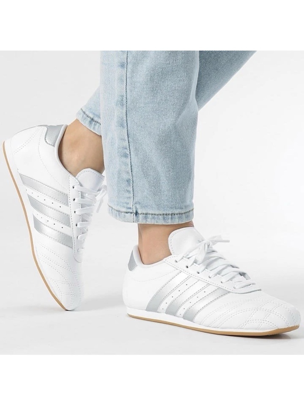 Adidas Taekwondo Tennis Shoes Women White Leather Athletic Shoes Silver Stripes - Picture 8 of 9